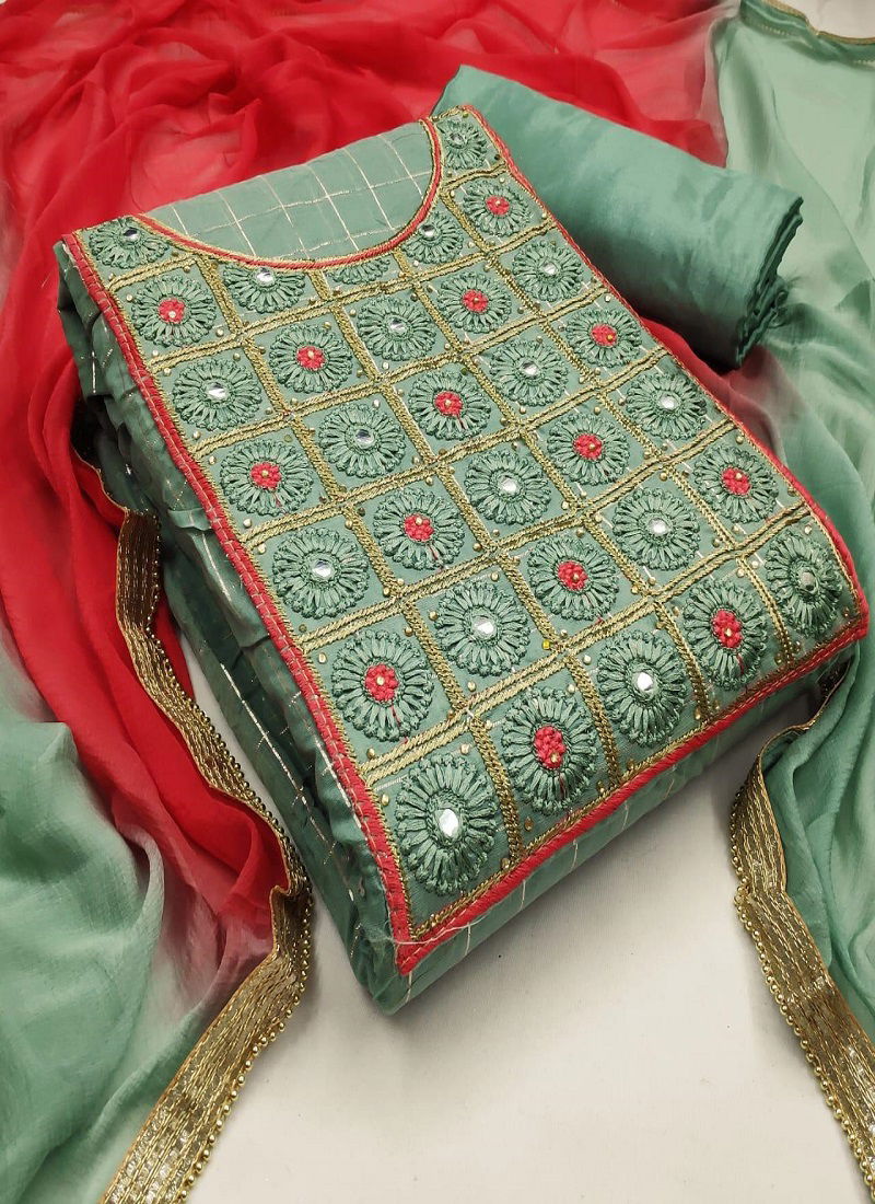 Latest Collection Of Moodal Chanderi Checks Having Embroidery Work with Diamond Work and Heavy Narzlin Four Sided Border Lace Dupatta